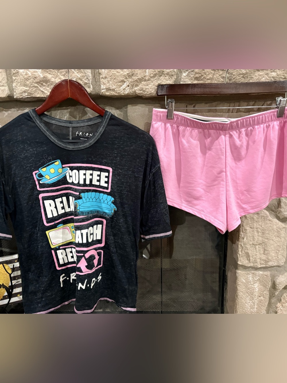FRIENDS Black Graphic Tee with Light Pink Lounge Shorts Set